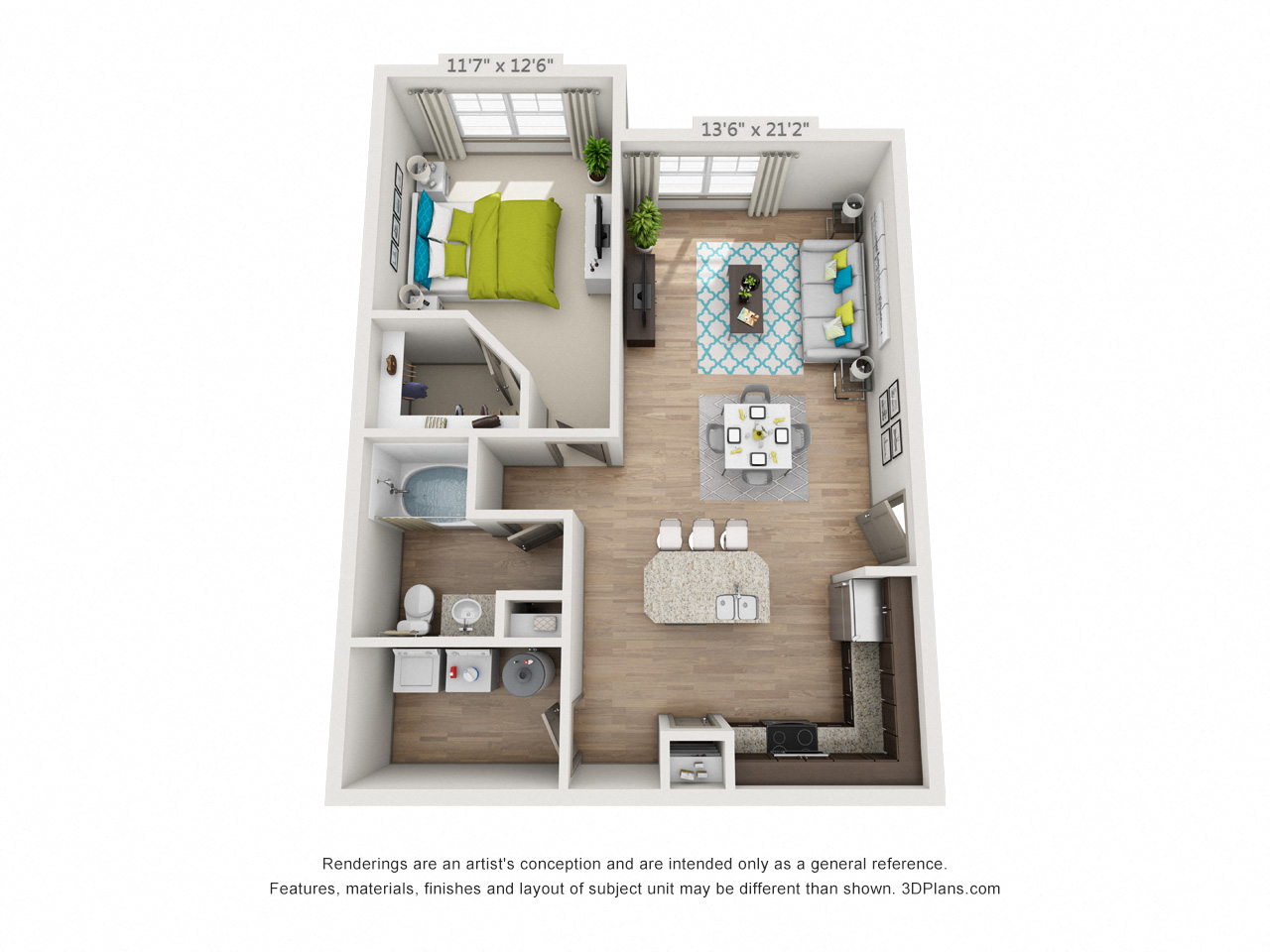Floor plan for 1 bed, 1 bath, 859 sqft